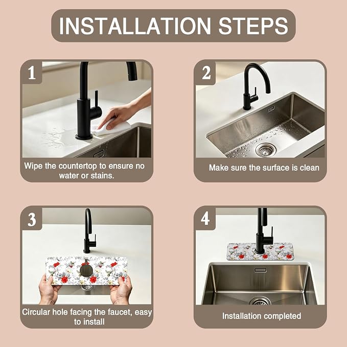Faucet Mat for Kitchen Sink Poppy Flowers Watercolor Sink Splash Guard Behind Faucet Soft Diatom Mud Material Non-slip Easy to Clean for Bathroom & Kitchen 15"X5.5" - Image 4