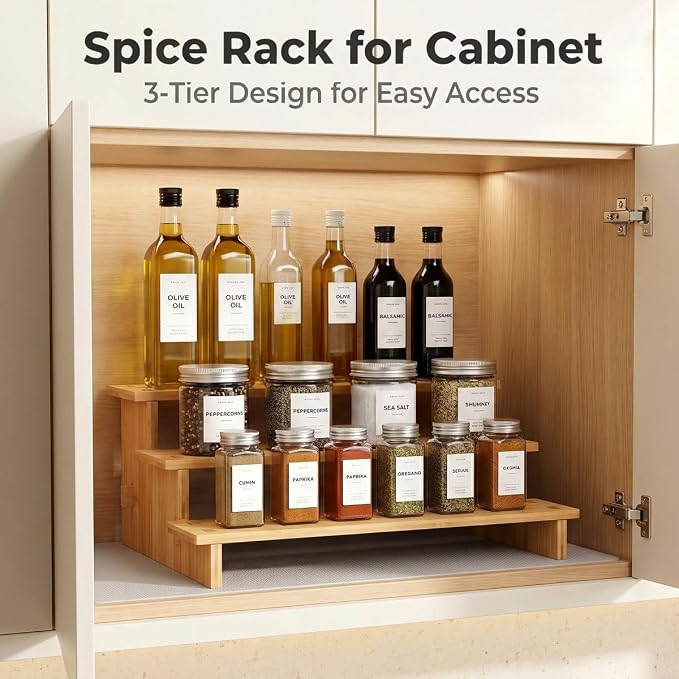 JinDoWin 2 Pack Spice Rack Organizer for Cabinets,Countertop & Pantries | 3-Tier stepped for clear visibility & easy access,Bamboo seasoning organizer，Spice shelf,Pantry Organizers and Storage - Image 2