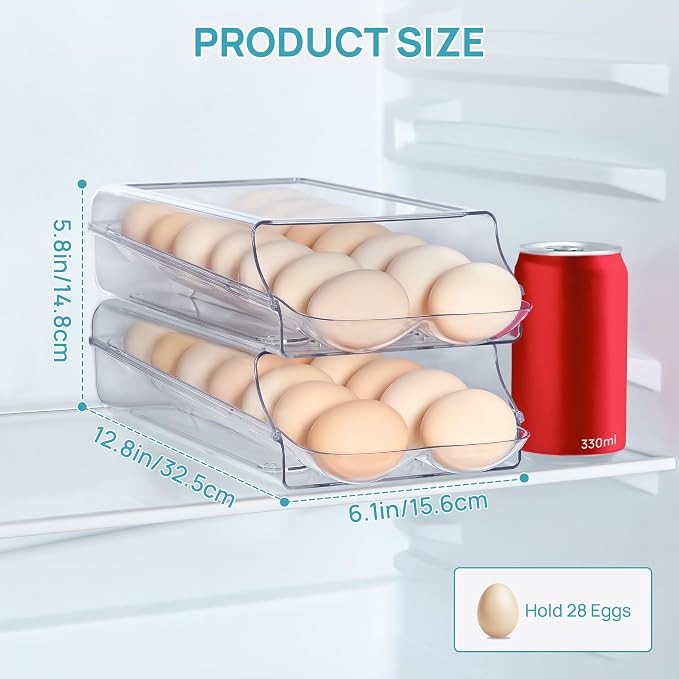 Vtopmart 2 Pack Egg Holder for Fridge, Automatic Rolling Egg Container | Stackable Clear 14-Count Eggs Organizer with Removable Inner Tray, Egg Storage for Refrigerator, Space Saving - Image 2