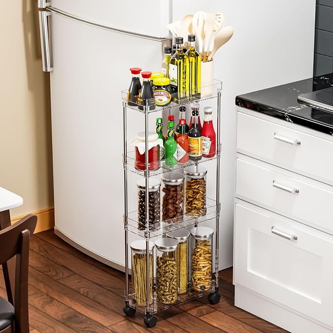 Clear 3 Tier Slim Rolling Storage Cart with Wheels,6.3″W Thin Shelf,Bathroom Storage Cabinet,Skinny Laundry Cart,Narrow Laundry Room Cart Between Washer and Dryer,Skinny Shelves for Small Space - Image 7