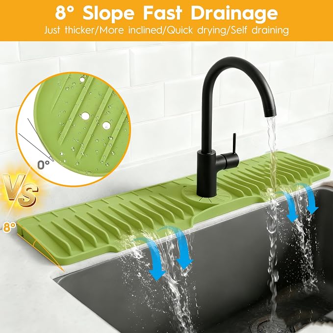 16" Silicone Faucet Mat for Kitchen Sink of The Lastest, Green | 8° Slope Fast Self-draining, Kitchen Sink Water Splash Guard, Behind Faucet Draining Mat, for Bathroom Kitchen Sink Area - Image 3