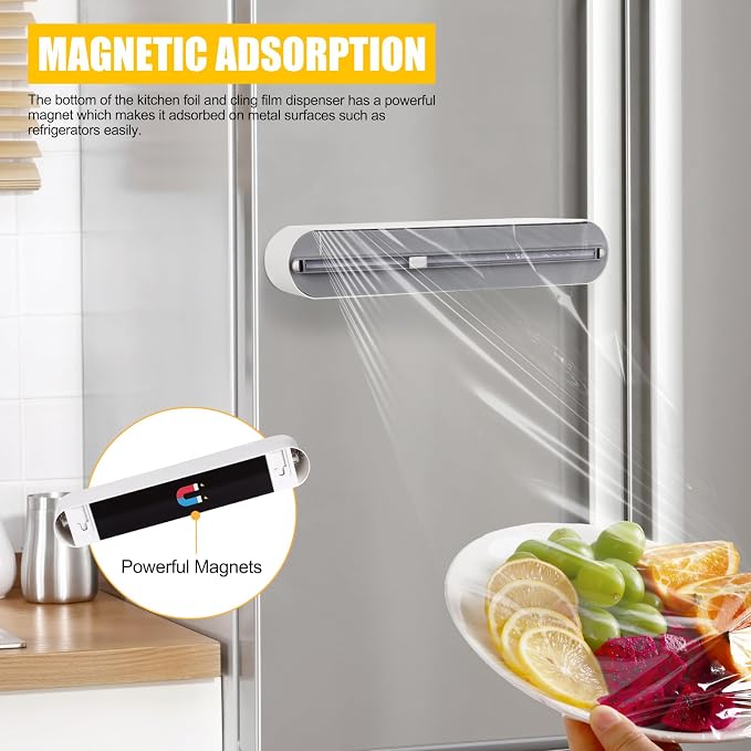 Aluminum Foil & Plastic Wrap Dispenser with Slide Cutter - Magnetic & No-Drill Wall Mount, Cling Film Dispenser for Worktops & Cabinets, Space-Saving Kitchen Organizer - Fits 12" Rolls, White - Image 3