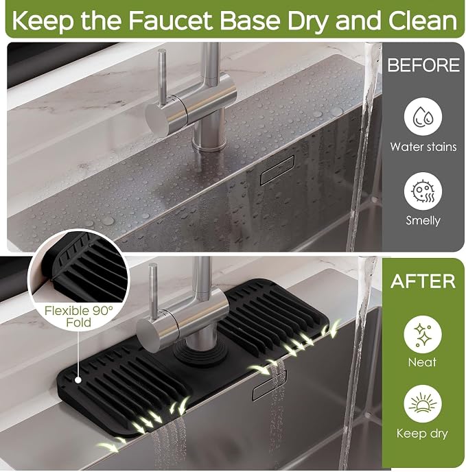 15 Inch Silicone Faucet Mat for Kitchen Sink Splash Guard – 2025 Upgraded Draining Mat with Water Tray Behind Faucet – Countertop Protectors to Catch Spills (Black, 14.6" x 5.5") - Image 2