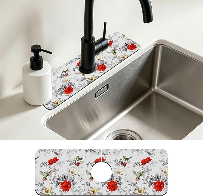 Faucet Mat for Kitchen Sink Poppy Flowers Watercolor Sink Splash Guard Behind Faucet Soft Diatom Mud Material Non-slip Easy to Clean for Bathroom & Kitchen 15"X5.5" by Unknown
