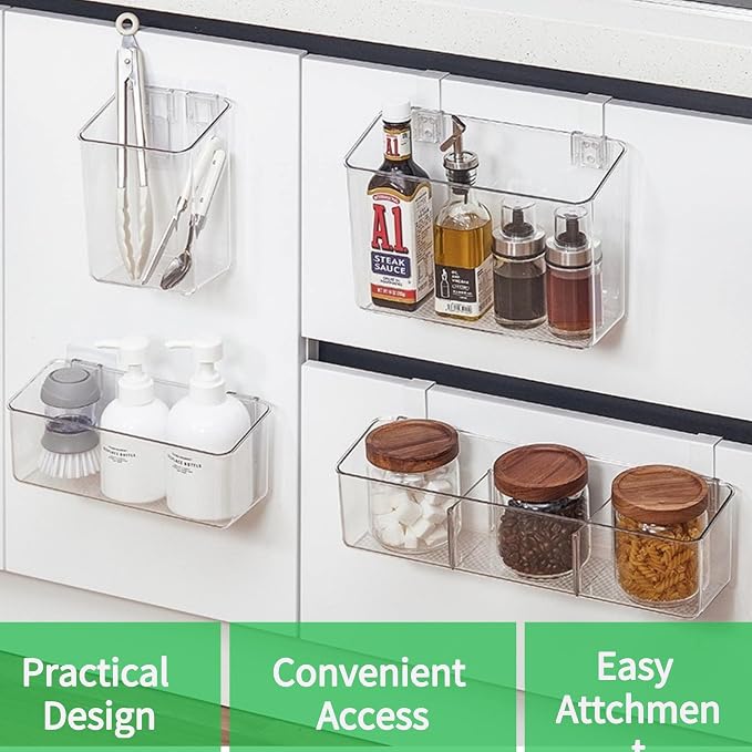 2 Pack Plastic Adhesive Mount Over Cabinet Door Organizer, Wall Organization Container Makeup Organizer Hanging Basket Bins for Kitchen, Pantry, Craft Room, Office, Space Saving Holder - Image 3