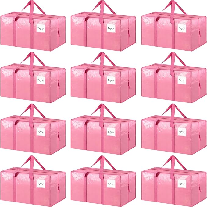 12 Pack Extra Heavy Duty Large Moving Bags with Strong Zipper, Pink | Comfortable Handles, Sturdy & Durable Clothes Storage Bags Totes Bins, Blue Packing Moving Boxes for College Supplies by Fygrip
