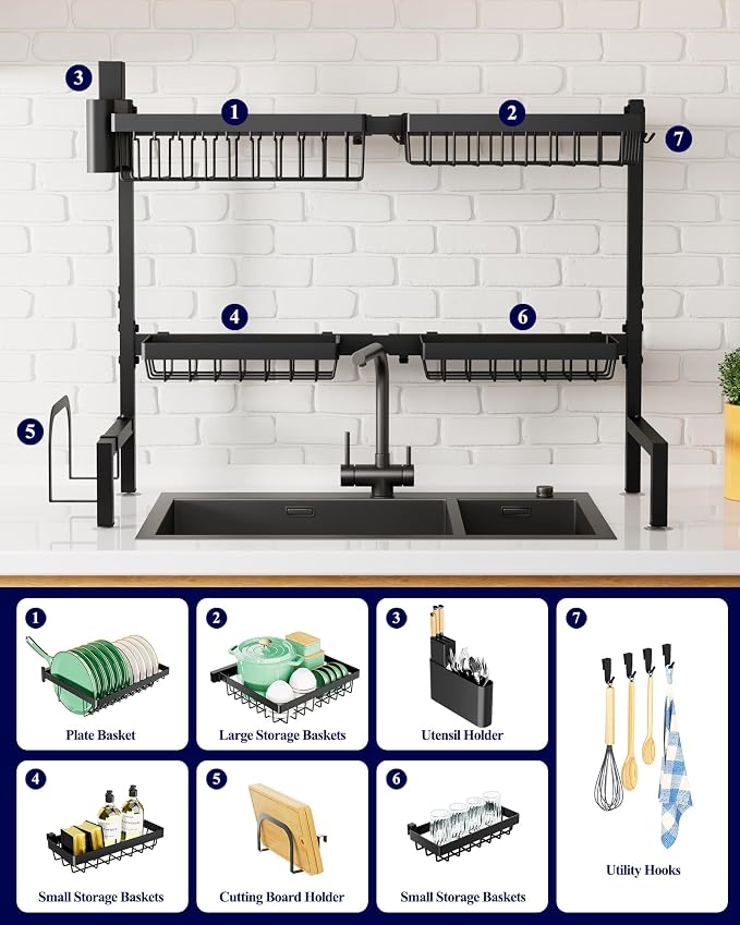 Kitsure Adjustable Over The Sink Dish Drying Rack, 26.8" -33.9"x21.5" | Sink Drying Rack for Kitchen Sink, Dish Rack Over Sink with Cutlery & Utensil Holders, Kitchen Storage, Black - Image 5