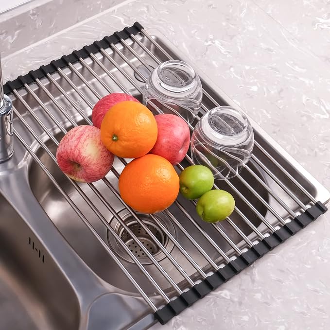 Seropy Roll Up Dish Drying Rack Over the Sink Drying Rack for Kitchen Counter, Rolling Dish Rack Over Sink Mat, Foldable Dish Drainer Stainless Steel Rack Kitchen Organization Gadgets 17.5"x11.8" - Image 2