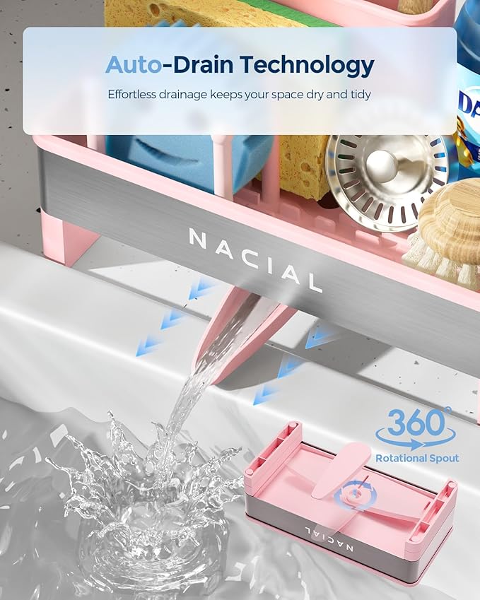 Nacial Kitchen Sink Organizer, Sink Caddy with Sponge & Tall Brush Holder | 304 Stainless Steel Kitchen Countertop Organizer with Double-Bar Towel Holder, Stores Sponge, Brush, Towel & Sink Essentials - Image 3