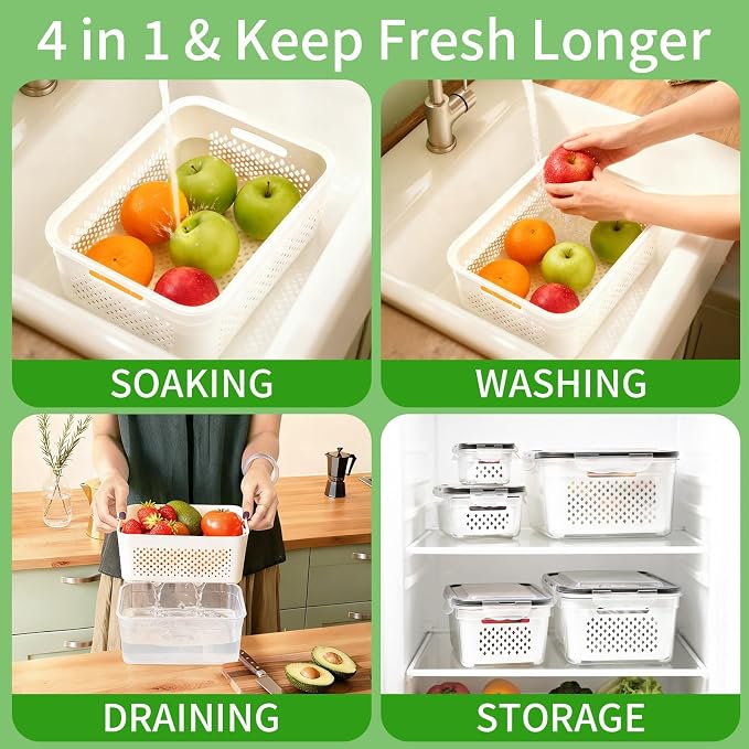 PRAKI Fruit Storage Containers for Fridge with Removable Colander, 5-Pack | 4 in 1 Food Storage Containers, Produce Saver for Refrigerator Keep Fruits, Berry Fresh Longer, Multiple Sizes, BPA-Free - Image 4