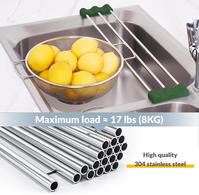 Tomorotec Adjustable Over-The-Sink Kitchen Rack, BPA-Free, Army Green | Holds 16.5 Lbs; For Dishcloths, Sponges, and Brushes - Heat-Resistant Stainless Steel with Slim, Expandable Design - Image 3