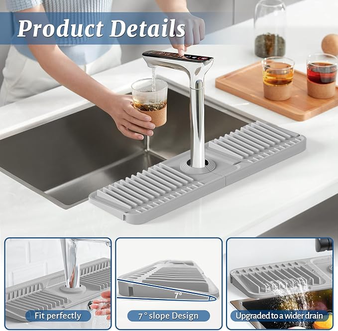 PoYang 17.7 Inch Faucet Mat for Kitchen Sink Splash Guard, Light Grey | Sink Protectors with 7° Slope for Smooth Drainage, Snap Button Holds It in Place, 90° Foldable & Cuttable Hole Fit Most Sinks - Image 9