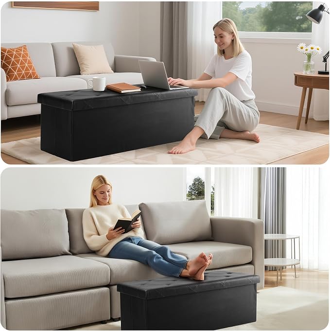 DUMOS 30 Inch Folding Storage Ottoman Bench, Hidden Ottoman with Storage | Storage Chest with Padded Seat, End of Bed Foot Rest Stool for Bedroom Living Room, Load 660 lbs, Synthetic Leather, Black - Image 10