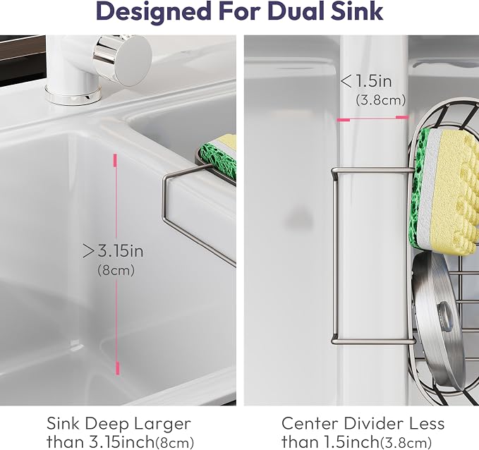 SWTYMIKI Sponge Holder for Kitchen Sink - Movable Sink Caddy with Smiley Face Sponge Holder, Rustproof Hanging Sponge Organizer in Double Bowl Sinks Depth>3.15in, Middle Divider<1.5in, Sand Nickel - Image 2