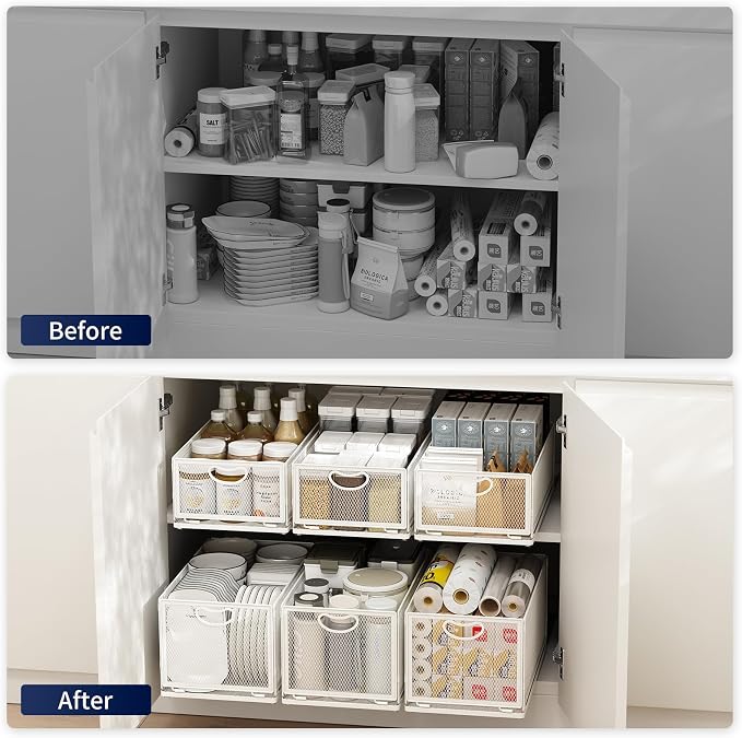 2 Pack Pull Out Cabinet Organizer, No Drill Adhesive Sliding Drawers for Kitchen, Metal Mesh Wire Storage Shelf for Pantry & Under Sink, White (9.6" W x 15.7" D x 3.9" H) - Image 6