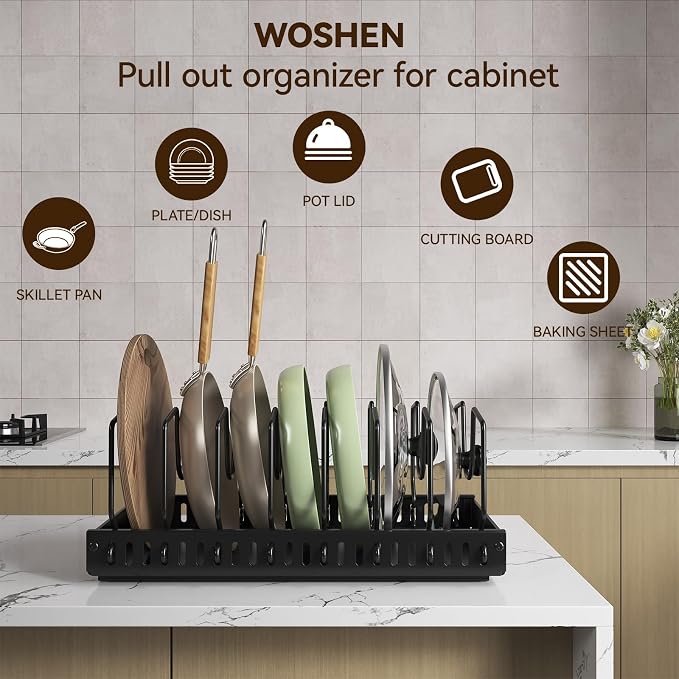 Pull Out Pot Lid Organizer, Cabinet Pan Rack, 10 Dividers | 2-pack black carbon steel rack, 16 adjustable dividers, quiet slide rails, adhesive or screw mount for lids, pans, bakeware - Image 7