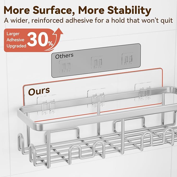 Shower Caddy Adhesive, Rustproof Shower Organizer, Wall Shower Rack | Large Capacity Shower Shelves for Inside Shower, Shampoo Shower Holder, Silver, 3 Caddies, 1 Soap Dish, 1 Toothbrush Holder - Image 6