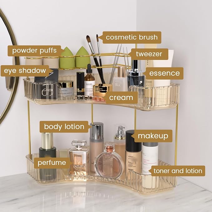 Makeup Organizer 2-Tier Bathroom Counter Organizer with Makeup Brush Holder | Corner Bathroom Organizer Countertop, Acrylic Counter Storage for Bathroom Dresser, Skincare Perfume Organizer-Amber Gold - Image 6