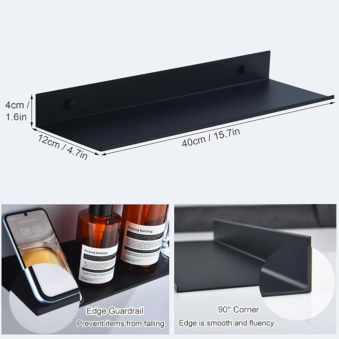 HNVNER Adhesive Bathroom Shelves 2 Pack, Black Floating Wall Shelf 40cm | Metal Shower Caddy, Aerospace Aluminum, Renter-friendly, Rustproof & Waterproof, Drill/No Drill, Supports 5kg - Image 3