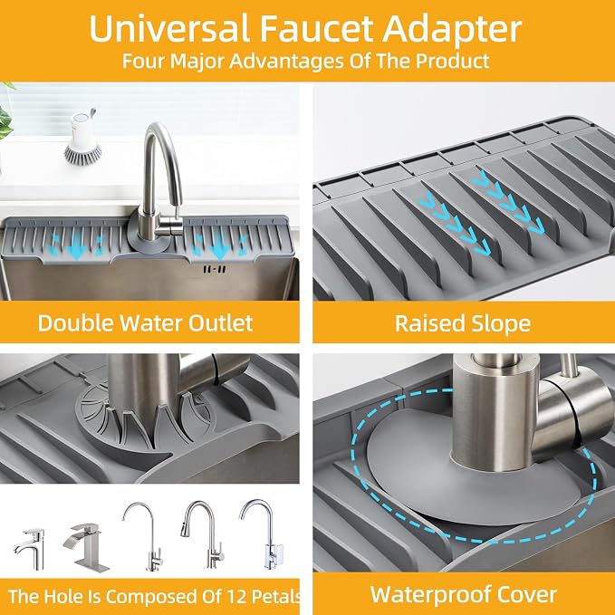 24" Silicone Sink Mat for Kitchen(Released in 2026), 2 PCS Grey | 8° Slope for Quick Self-draining, Sink Splash Guard Behind the Faucet, Narrow Water Splash Guard, for Kitchen&Bathroom Area - Image 7
