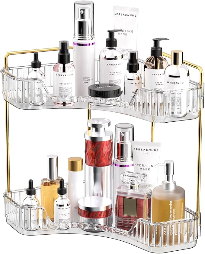 GTI 2 Tier Bathroom Counter Organizer, Multi-Function Corner Bathroom Organizer Countertop,Makeup Organizer Perfume for Dresser Vanity Tray, Spice Rack Organizer for Kitchen (Clear) by GTI