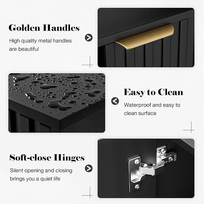 Set of 3 Fluted Storage Cabinet, Buffet Cabinet with Storage, Wood Sideboard with Adjustable Shelf, Modern Accent Cabinet & Console Table for Entryway, Living Room, Dining Room, Black - Image 7