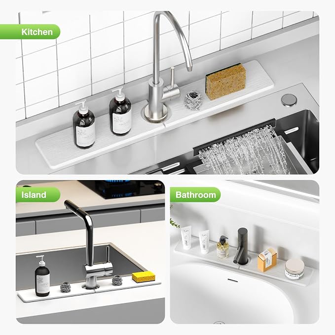 Premium Stone Faucet Mat for Kitchen Sink, 23.6" x 4" White | Quick Drying & Water Absorbent, Sink Splash Guard Tray for Prevents Moisture Buildup - Image 8