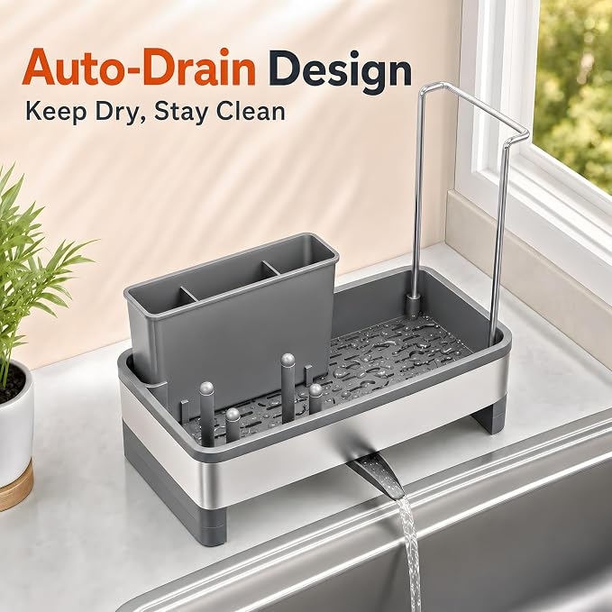 Laveshop Sponge Holder for Kitchen Sink, Rustproof Stainless Steel Sink Caddy with Auto-Drain, Removable Brush Holders, Soap and Dishcloth Organizer, Gray - Image 3