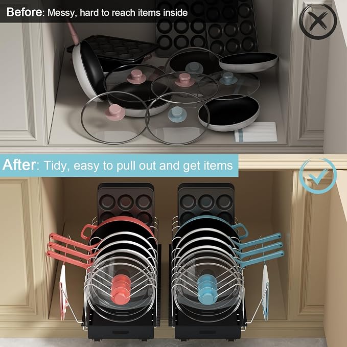 Pots and Pans Organizer Under Cabinet, 22" Deep Expandable, 2 Pack | Pot Organizers inside Cabinet with 10 Adjustable Dividers & Handrail, No Drill Pot Lid Holder, Sliding Pot Lid Holder - Image 8