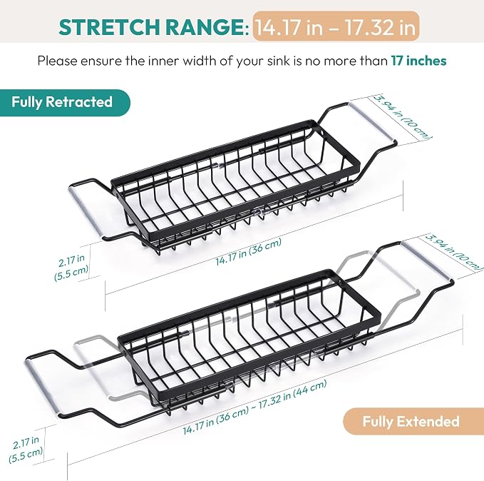Over the Kitchen Sink Caddy Expandable (14.17-17.32 in) | Stainless Steel Anti-Slip Rustproof Sink Organizer Rack, Hanging Drying Holder for Sponges, Soap, Brushes, Dishcloths and Rag - Image 2