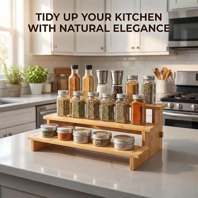 JinDoWin 2 Pack Spice Rack Organizer for Cabinets,Countertop & Pantries | 3-Tier stepped for clear visibility & easy access,Bamboo seasoning organizer，Spice shelf,Pantry Organizers and Storage - Image 3