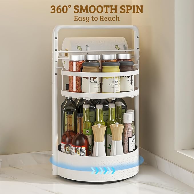 Rotating Spice Rack with Paper Towel Holder, White | 2 Tier Turntable Lazy Susan, Durable Iron, Seasoning Organizer, For Kitchen Countertop - Image 4