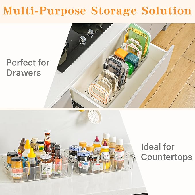 2 PACK Kitchen Cabinet Organizer for Food Contanier Lid, Clear Plastic Lid Holder with Adjustable Dividers for Pantry Organizers and Storage, Lid Storage Organizer for Home Drawer Organization - Image 4