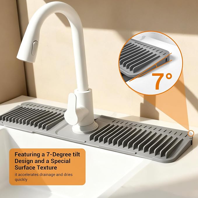 ZJWZLG Faucet Mat for Kitchen Sink, 24"X5.5" Silicone Sink Splash Guard , Snap-On Design & 7°slope Fast Drain, Folding Sink Faucet Mat for Universal Kitchen Bathroom Sink(Grey) - Image 4