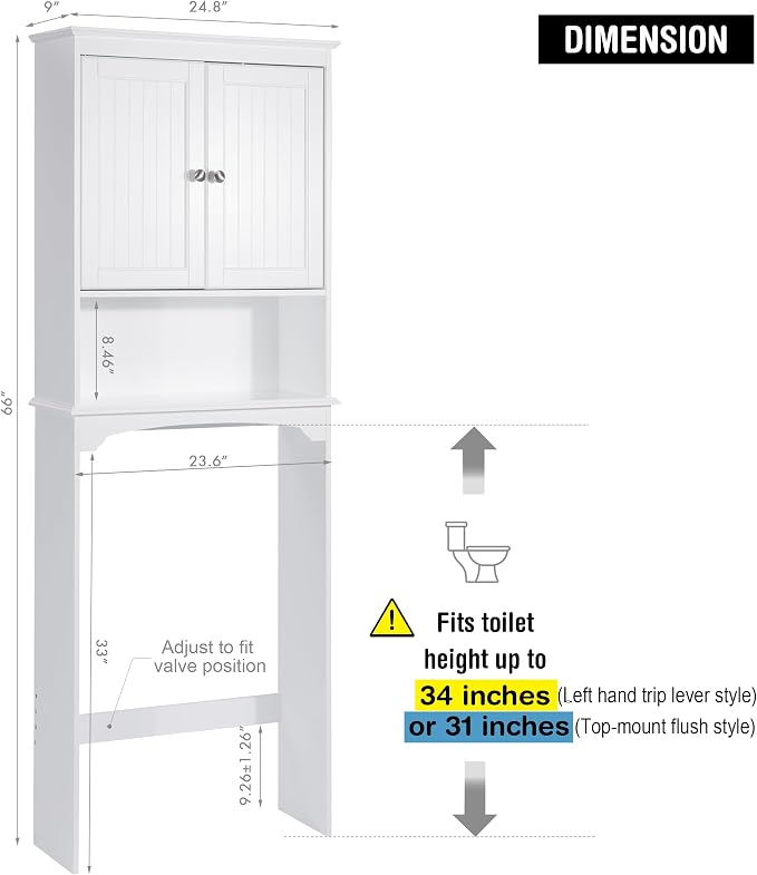Spirich Over The Toilet Storage Cabinet with Doors, Bathroom Organizer | White, Adjustable Shelf, Anti-Tip Fitting, FSC-Certified MDF, Beadboard Design, 33.3" Toilet Clearance, Adjustable Crossbar - Image 2