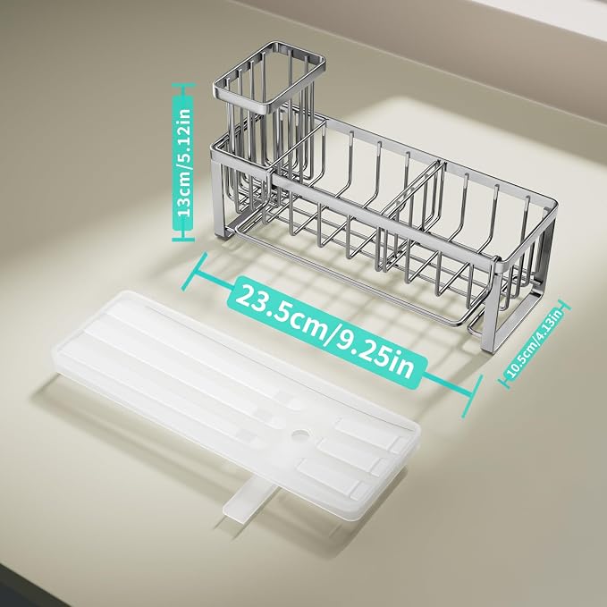 HapiRm Sponge Holder for Kitchen Sink - Self-draining Sink Caddy with Brush Holder and Dishcloth Holder, Stainless Steel Kitchen Organizer - Silver - Image 6