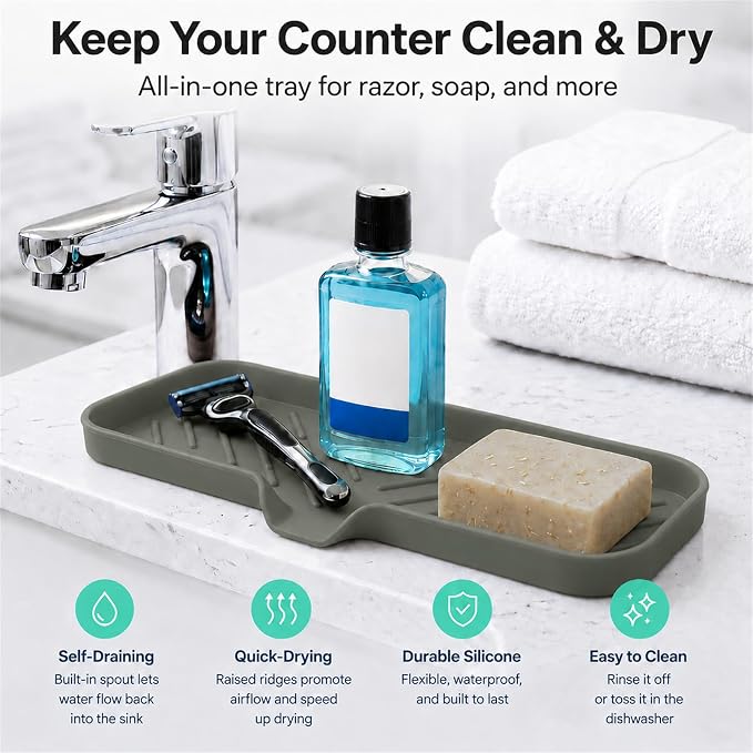 MicoYang Silicone Soap Dish with Drain Spout — Self-Draining Double Sink Organizer Tray for Kitchen & Bathroom, Dispensers, Sponges & Soap Holder, Non-Slip & Dishwasher Safe, Grey (Large, 12"×4") - Image 6