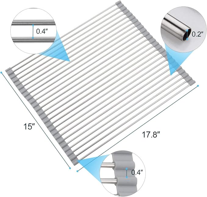 SunCleanse Roll-Up Dish Rack 17.8" x 15" Grey Over Sink Drainer Foldable | Multi-use stainless steel, foldable, for countertop, space-saving, easy to clean and non-slip - Image 8