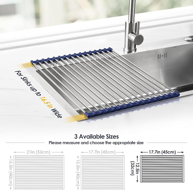 Tomorotec Roll Up Dish Drying Rack Over Sink, 304 Steel, 17.7x12.5, Indigo | Anti-Slip Silicone Rims For Grip, Heat-Resistant Trivet Mat Holding Heavy Cookware, Rustproof Kitchen Counter Space Saver - Image 4
