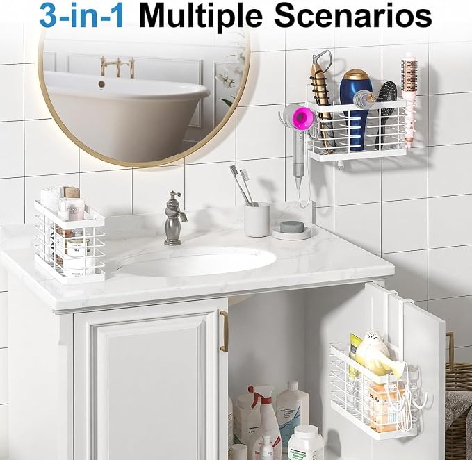 2026 Upgraded 3-in-1 Universal Hair Tool Organizer, L Size, White | Adjustable Height Metal Hair Dryer Holder, Wall Mounted, Over Cabinet Door, Countertop, Bathroom Storage - Image 4