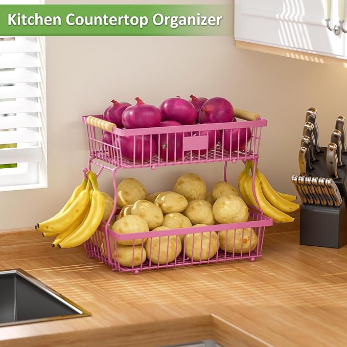 2 Tier Fruit Basket for Kitchen Counter with 2 Banana Hangers, Countertop Metal Fruit Bowl with Wooden Handle, Large Storage Stand for Vegetables, Snacks, Breads, Produce Storage – Rose Pink - Image 6