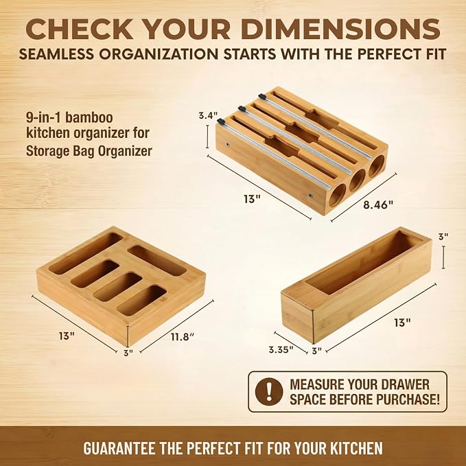 9 in 1 Storage Bag Organizer for Kitchen Drawer, Bamboo Foil and Plastic Wrap with Cutter, Ziplock Bag Organizer for Quart, Gallon, Sandwich & Snack Bags - Aluminum Foil Organizer - Image 2