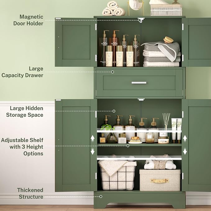 Bathroom Floor Storage Cabinet with Adjustable Shelf, Freestanding Storage Cabinet with 4 Doors, Cupboard for Living Room, Home Office, Entryway, Forest Green - Image 4
