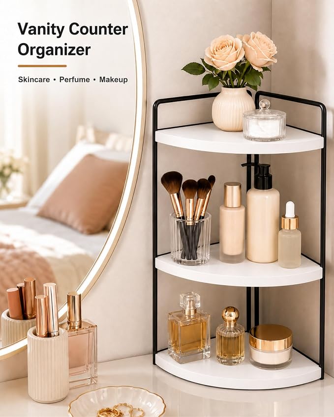 3-Tier Corner Bathroom Counter Organizer, Solid Pine Vanity Shelf, White | Solid pine 3-tier corner shelf with 6.3 in clearance for tall bottles in bathroom, vanity, kitchen, or coffee bar. - Image 5