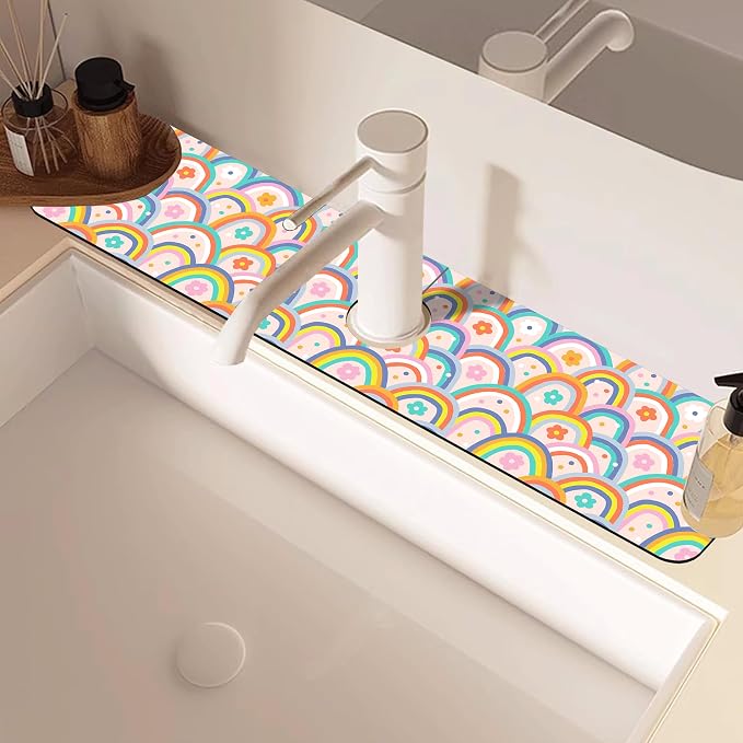 Boho Rainbow Hippie Floral Kitchen Sink Splash Guard Mat Absorbent Fast Drying Mat Faucet Draining Mat Sink Splash Guard Behind Faucet Drip Catcher for Kitchen Bathroom 5.5"×24" - Image 2