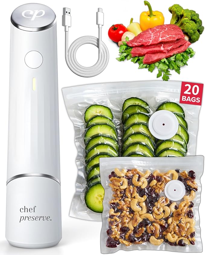 Chef Preserve Compact Vacuum Sealer for Food (Vacuum Sealer Machine + 20 Reusable Vacuum Bags) Powerful Handheld Vacuum Sealer Machine, Seal Meal Saver, Portable Food Sealer by ChefPreserve
