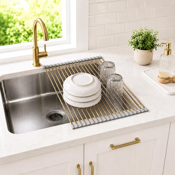 Gold Roll Up Dish Drying Rack Over Sink, Foldable Stainless Steel Drainer Non-Slip Sink Drying Rack Sink Accessories for Kitchen Countertop (17.8×15.7in) - Image 4