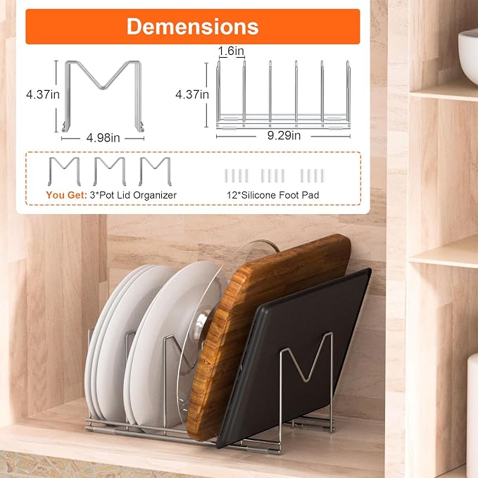 HzTinT 3 Pack Pot Lid Organizer, Holds 15 Lids, Plate & Cutting Board Rack | with Stainless Steel Build and Anti-Slip Pads, Lid Organizer for Cabinets, Drawers and Countertops, Silver - Image 5