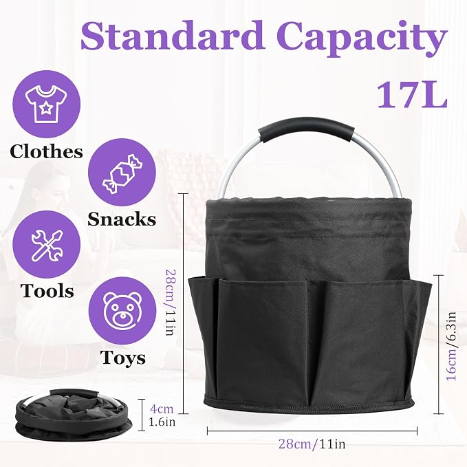 17L Cleaning Caddy with Handle and 6 Pockets, Foldable Cleaning Supply Caddy, Portable Shower Caddy in 600D Oxford Fabric, Multifunctional Storage Basket for Camping, Gardening, Black - Image 2
