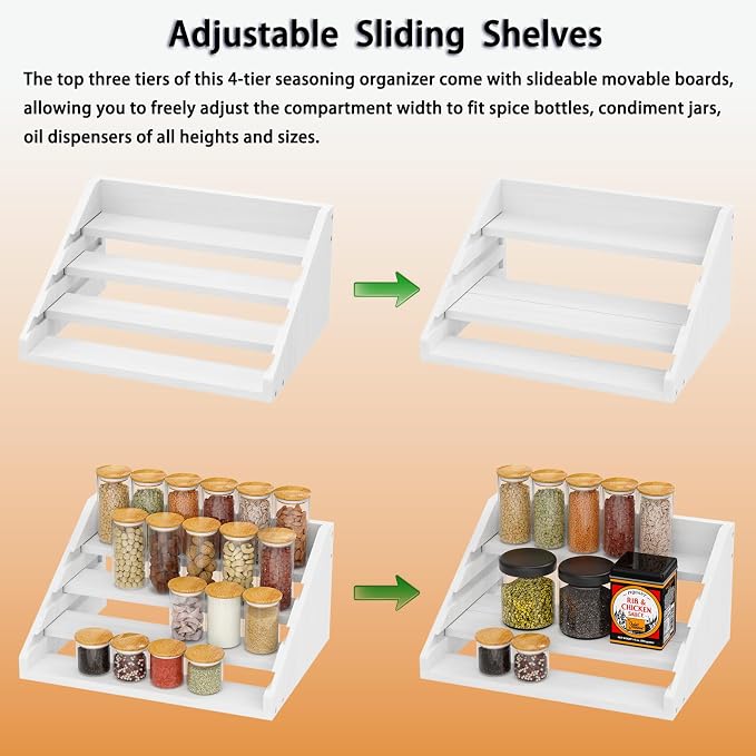 Solid Wood Spice Rack Organizer for Countertop & Cabinet, 4 Tier Adjustable Wooden Spice Shelf with Sliding Track, Premium Step Seasoning Bottle Holder for Kitchen, Cupboard, Pantry & Office, White - Image 5